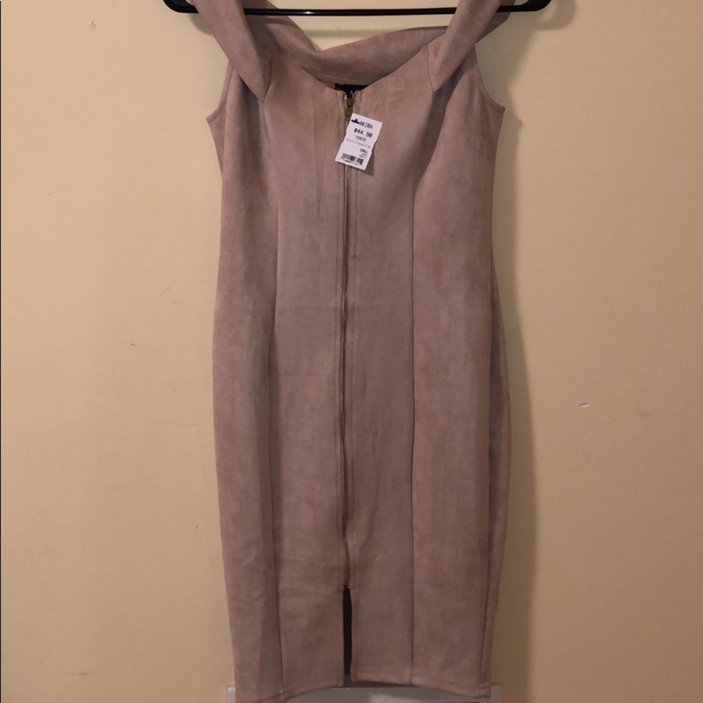 AKIRA Taupe Off the Shoulder Zip Up Midi Dress